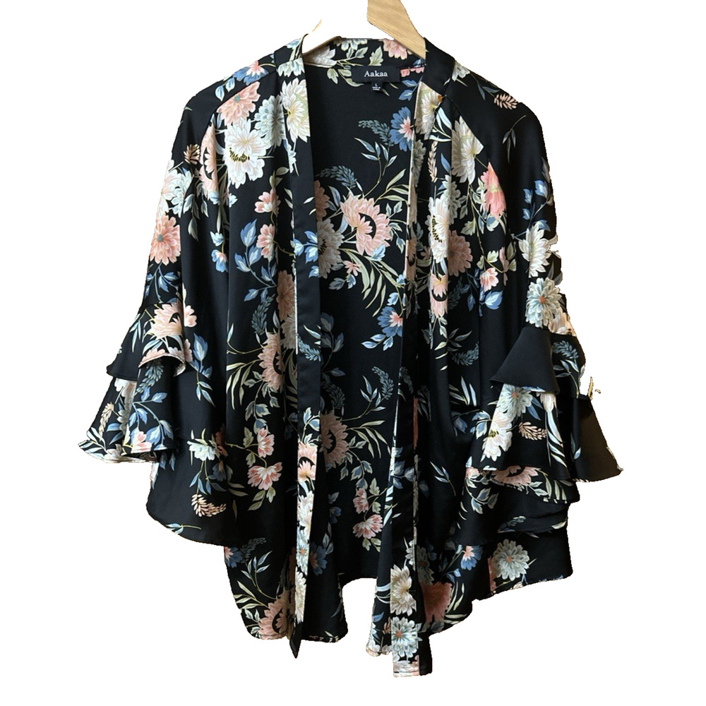 Aakaa Kimono Top Women Size L Black Pink Boho Floral Tiered Sleeve Coverup